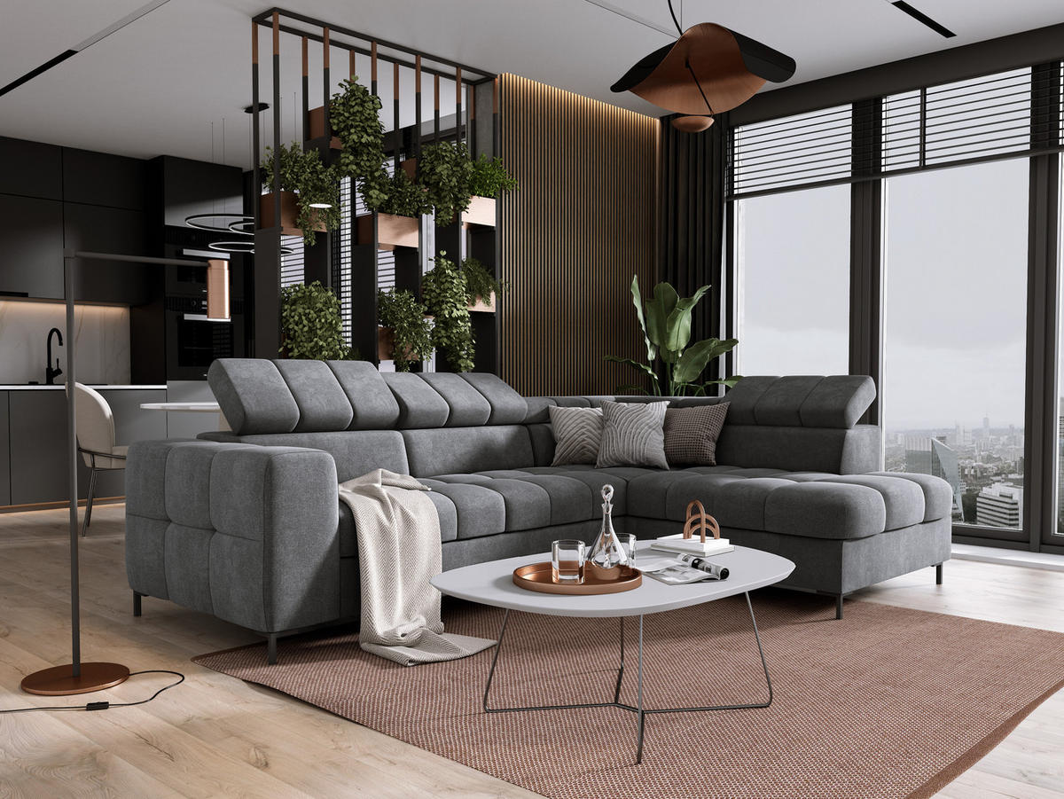 ECKSOFA PABLOS 279x201cm, Schlaffunktion, Stauraum, hellgrau, rechts - Hellgrau, Holz/Textil (279/201cm) - DomoHome