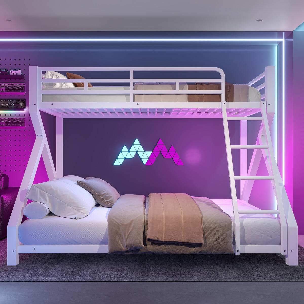 ETAGENBETT 90/200 cm & 140/200 cm in Weiß mit LED, Sicherheitsgeländer und Leiter - Weiß, Metall (90/200cm) - STILVORA