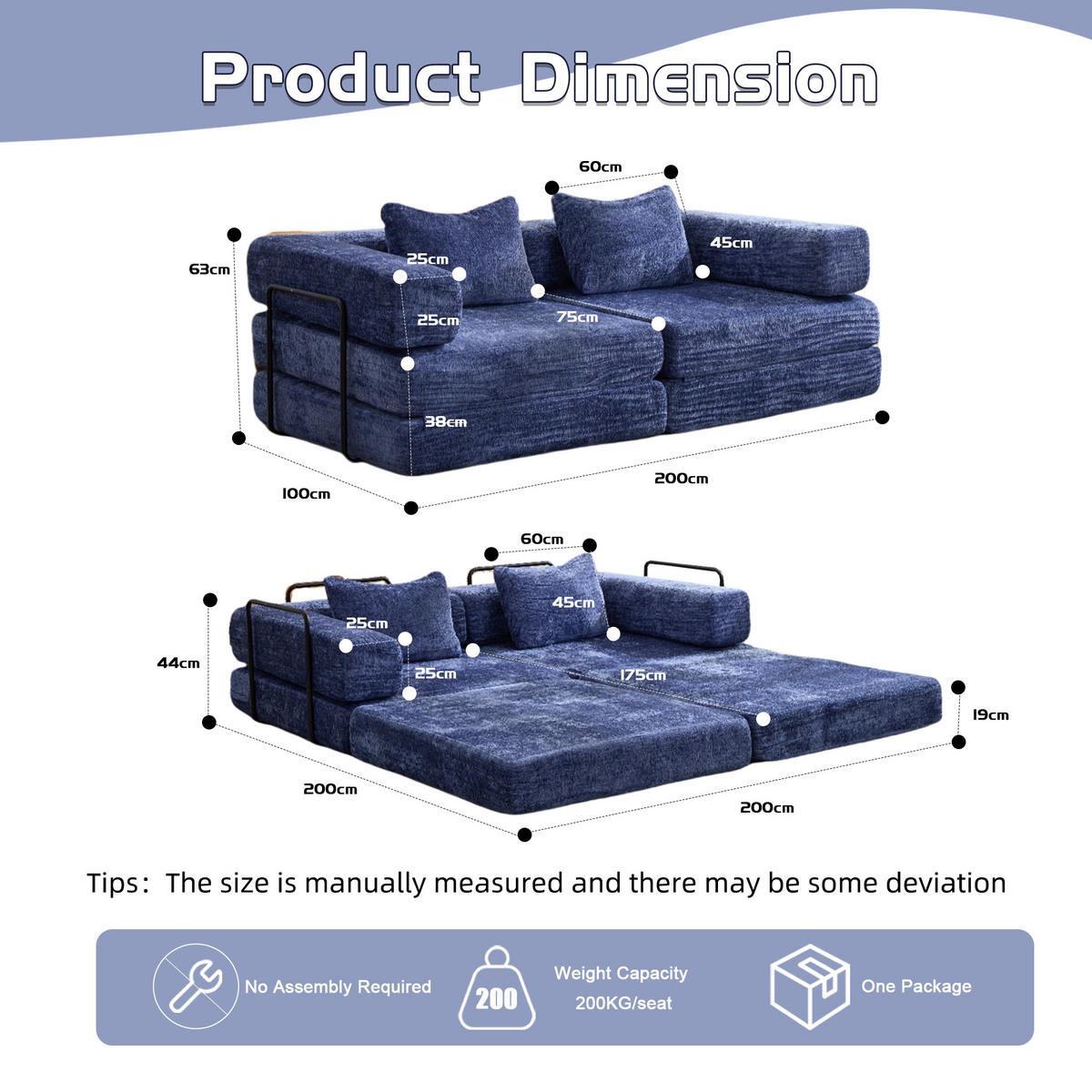 SCHLAFSOFA 2-in-1 faltbar mit Formrahmen, DE-42526, Dunkelblau - Dunkelblau, Textil (200/63/100cm) - ComfortXL