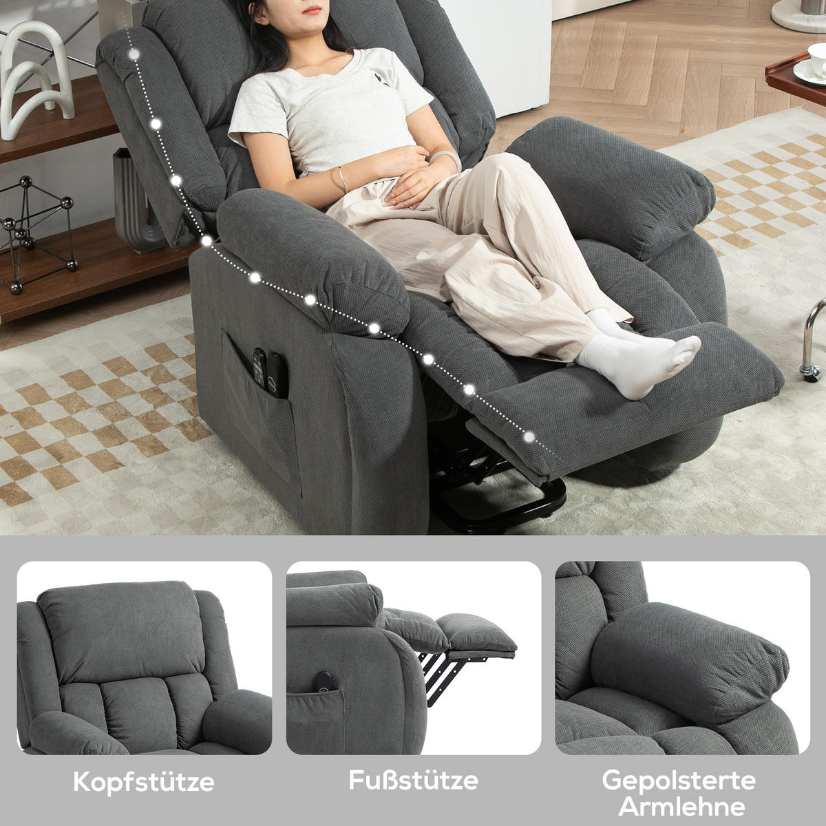 FERNSEHSESSEL mit Aufstehhilfe Elektrisch Relaxsessel 93 x 104 x 100 cm Grau - Grau, Textil (104/100/93cm) - HOMCOM