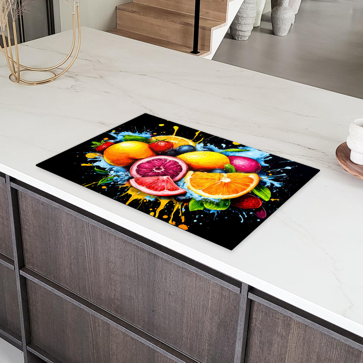 HERDABDECKPLATTE Obst - Graffiti - Bunt - Orange - Erdbeere - Abstrakt Abdeckung Ceranfeld 81.2x52 cm - Orange, Kunststoff (81.2/52/0.2cm) - MuchoWow