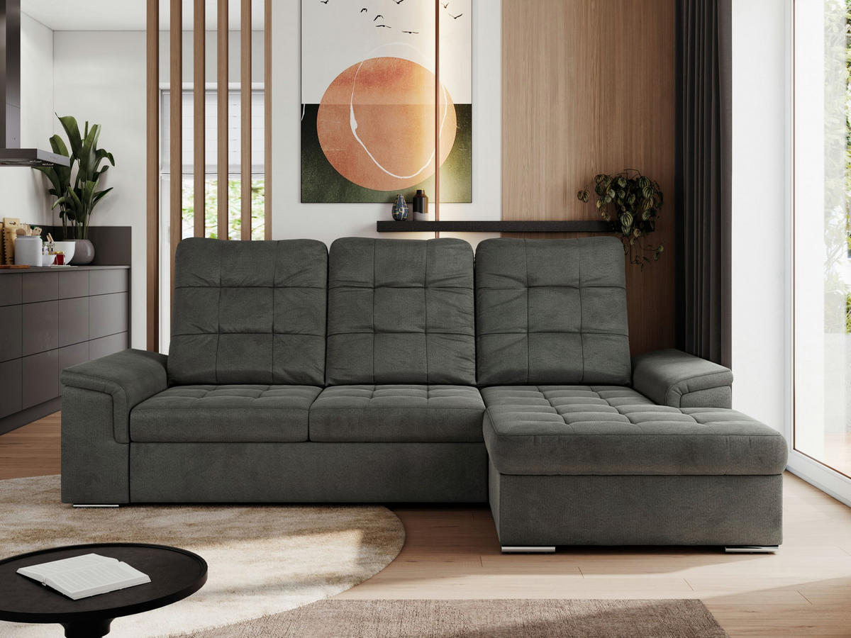ECKSOFA MADRITO L - Dunkelgrau Velorus - Rechts - Dunkelgrau/Silberfarben, Textil/Metall (256/160cm)
