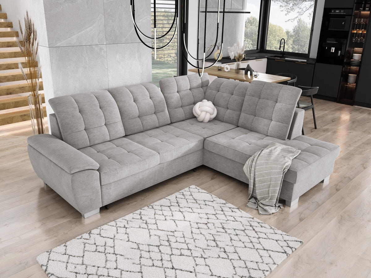 ECKSOFA LOTTA L-förmig Bettkasten verstellbare Kopfstützen hochwertige Verarbeitung lose Rückenkissen freistehend RECHTS 258x212x106cm Stainless steel - Edelstahlfarben, Holz/Textil (258/212cm) - DomoHome