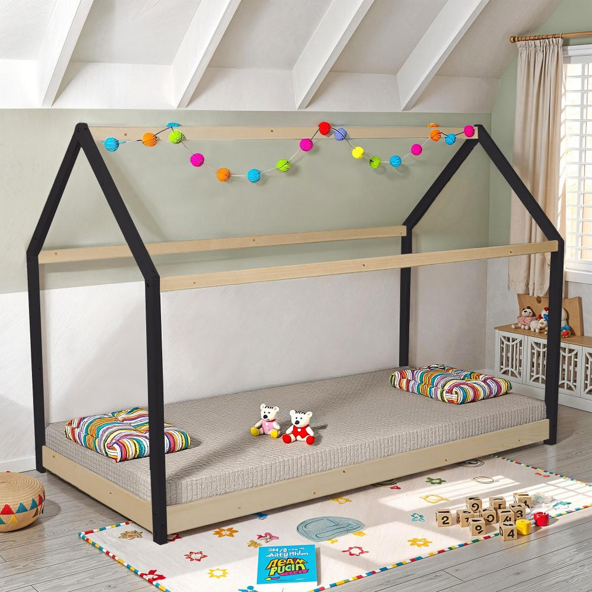 HAUSBETT PANDA mit Lattenrost / Kinderbett 90x190 cm - Naturholz und Schwarz - Multicolor, Holz (90/190cm) - Weber Industries