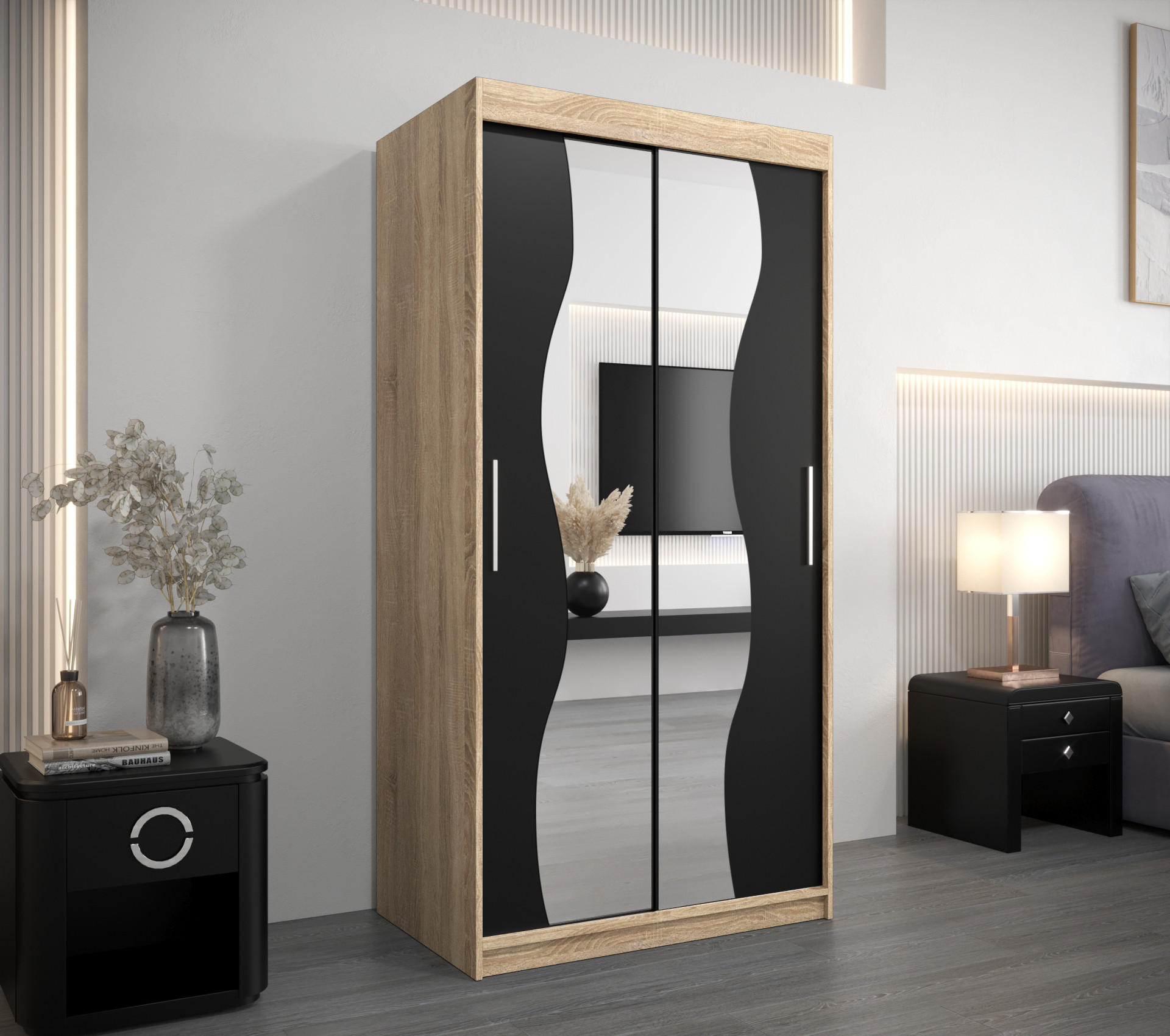 SCHWEBETÜRENSCHRANK 200/100/62 2-türig - Silberfarben/Schwarz, Holz/Kunststoff (100/200/62cm) - Abiks Möbel