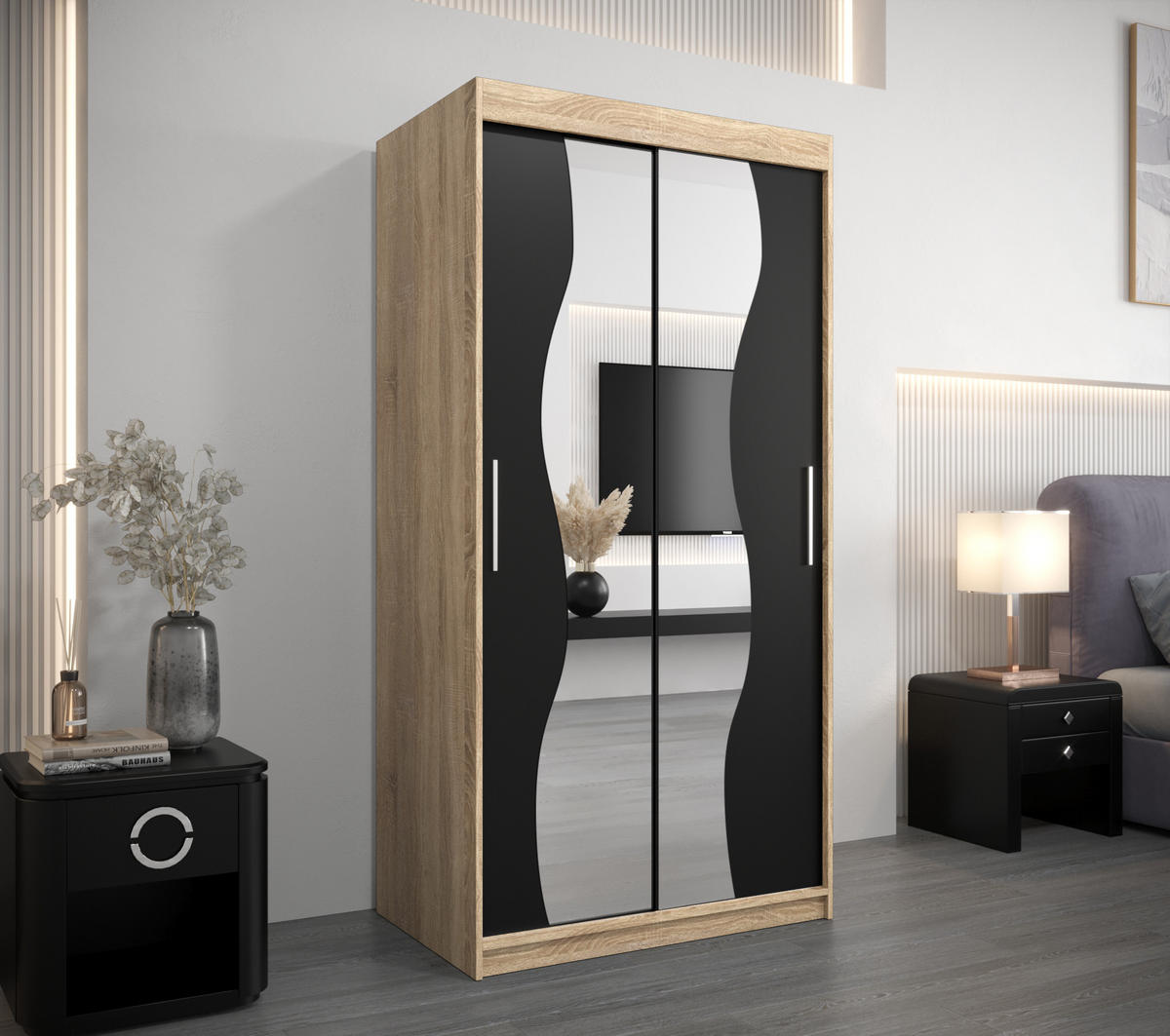 SCHWEBETÜRENSCHRANK 200/100/62 2-türig - Silberfarben/Schwarz, Holz/Kunststoff (100/200/62cm) - Abiks Möbel