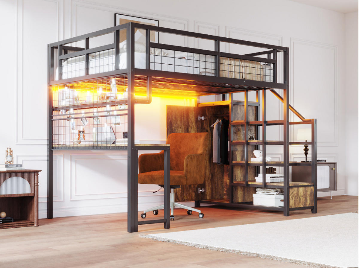HOCHBETT 140/200 cm aus Metall und MDF mit Schreibtisch, Stauraumtreppe und Kleiderschrank Schwarz - Schwarz, Metall (140/200cm) - Modenvie