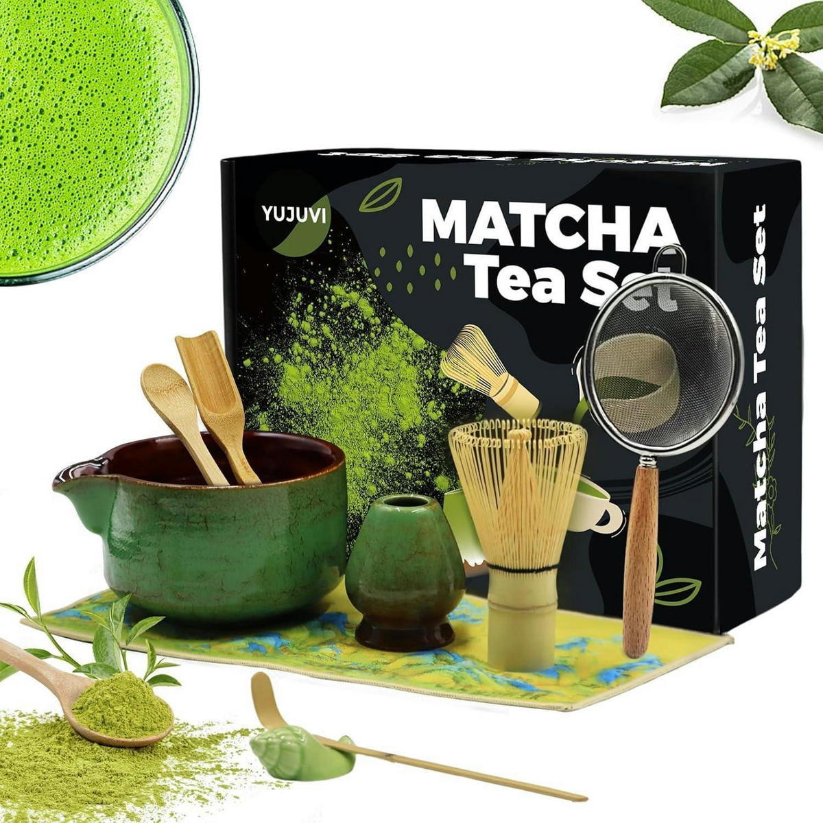 MATCHA Tee Set 9-teiliges Set mit Besen und Schale - Grün, Keramik (14/7/18.5cm)