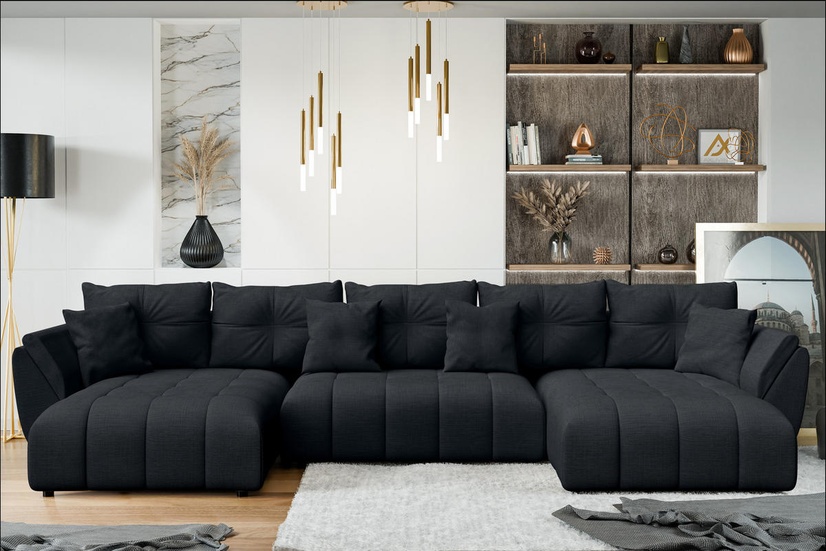 WOHNLANDSCHAFT Antalya Schwarz 382/190/91 cm – Sofa mit Bettfunktion - Schwarz, Kunststoff/Textil (382/91/190cm) - AX Living