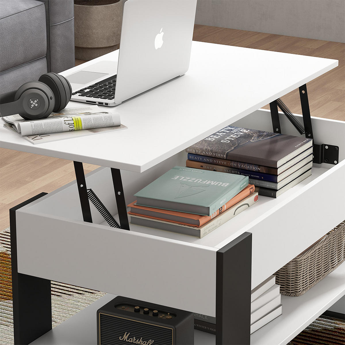 COUCHTISCH Lifto Weiß/Anthrazit 92 x 51 cm mit Liftfunktion - Anthrazit/Weiß, Holzwerkstoff (51/92/47cm) - Vicco