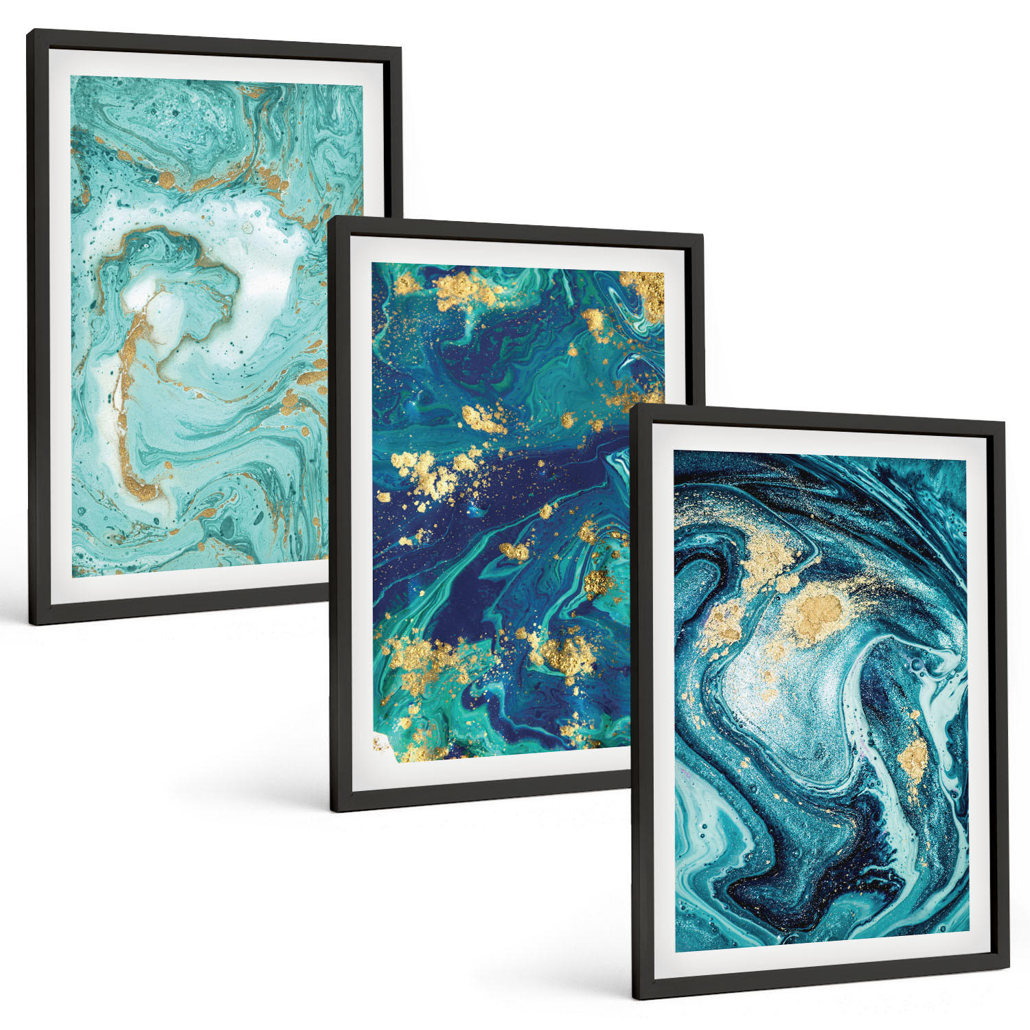 BILDER SET 3er Set - 40x60 cm Schwarzer Rahmen - Abstraktion von Türkisfarbe - Schwarz, Kunststoff (40/60cm) - TULUP