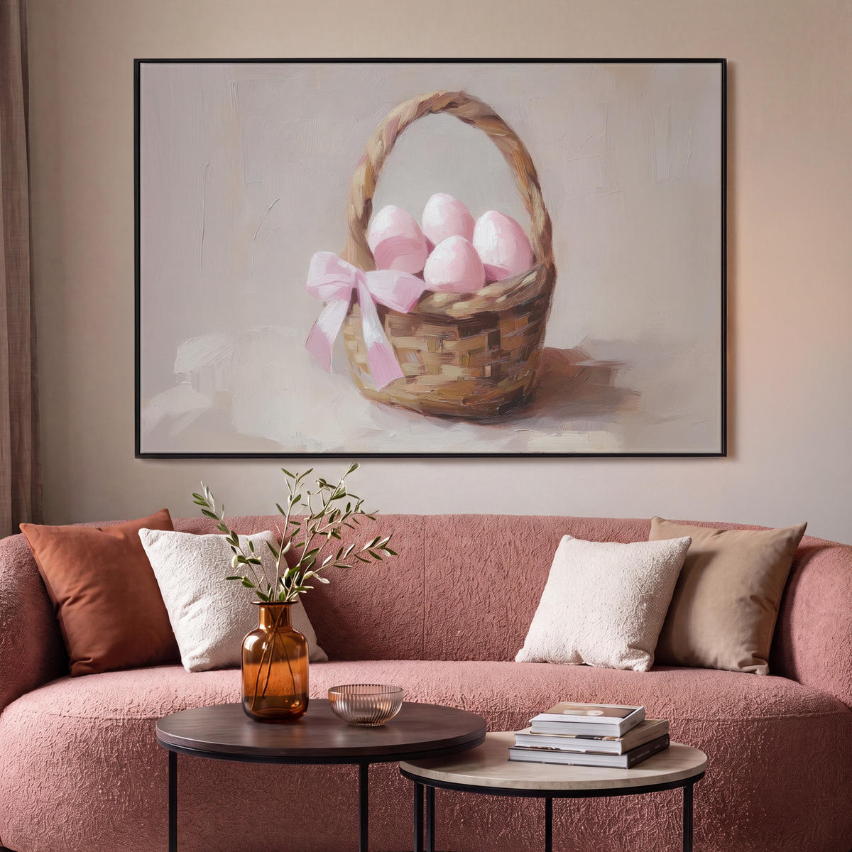 LEINWAND Bilder mit Rahmen - Korb - Eier - Rosa - 150x100 - Beige, Textil (150/100cm) - MuchoWow