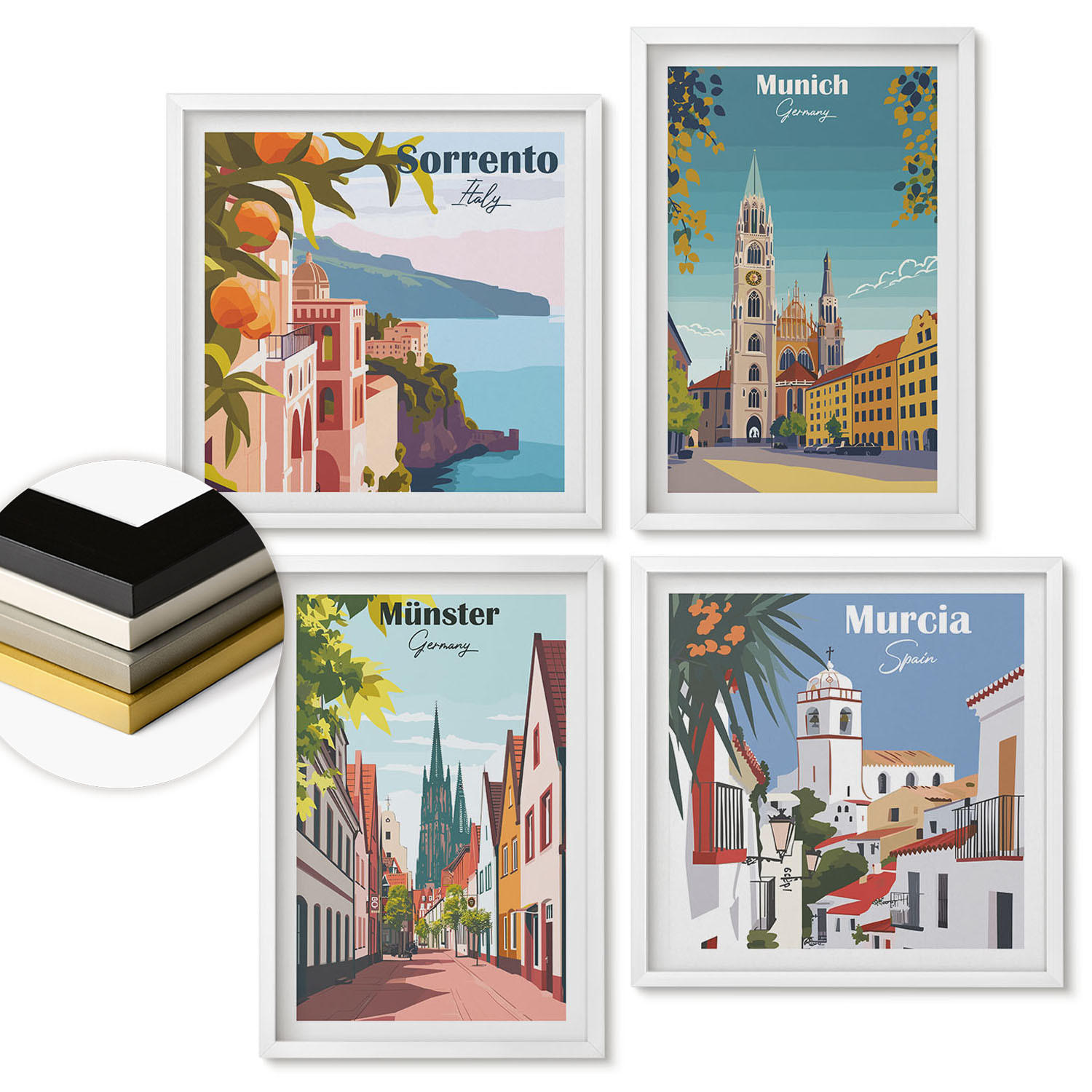 WANDBILDER 4er-Set - 50x50 cm & 40x60 cm Weißer Rahmen - Europäische Städte in farbigen Illustrationen - Weiß, Kunststoff (50/50cm) - ArtPrintCave