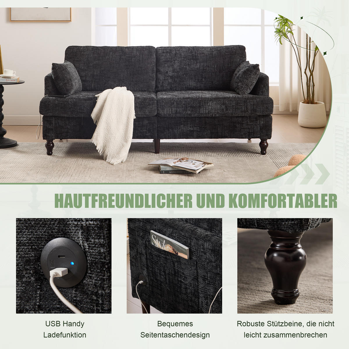 2-SITZER Sofa Chenille mit USB-Anschluss und LED-Beleuchtung 175/83/78 cm Schwarz - Schwarz, Textil (175/78/83cm) - Redom