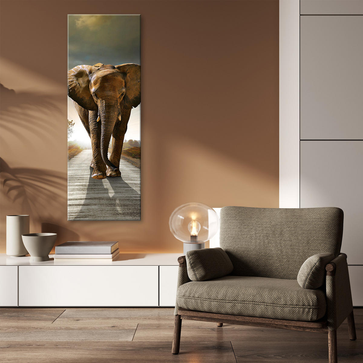 WANDBILD elefant auf der straße - Braun, Textil (30/90cm) - Feeby