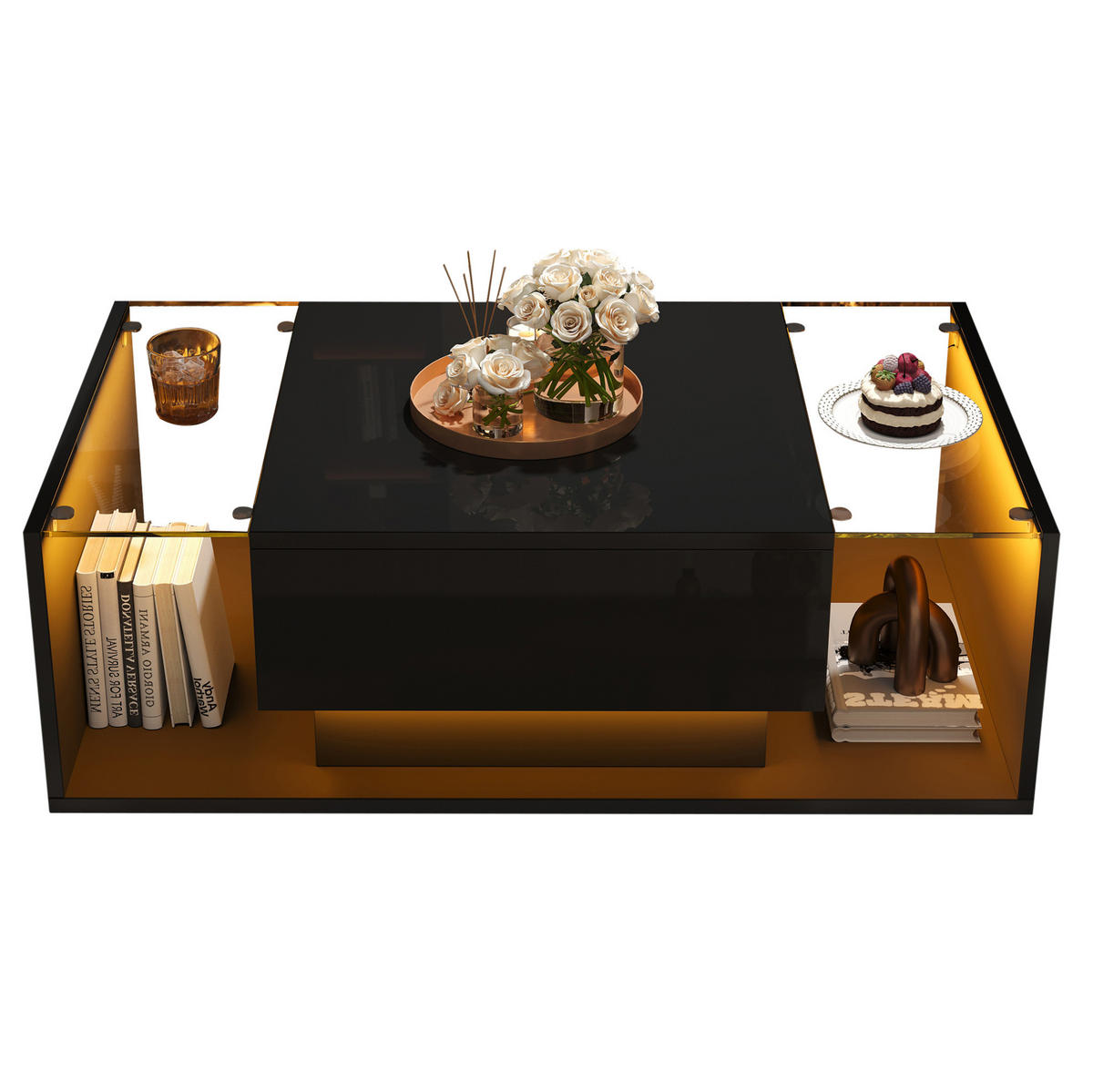 COUCHTISCH 100/50 cm mit Schublade, LED-Beleuchtung und gehärtetem Glas - Schwarz, Holzwerkstoff (100/50/31cm) - BEAOK