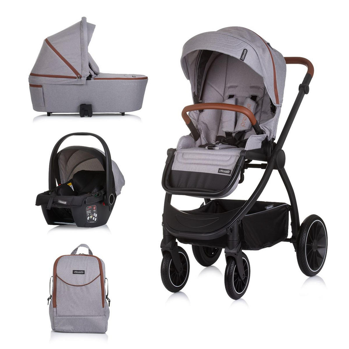 KOMBIKINDERWAGEN Prestige 3 in 1 grau Babywanne Rucksack i-Size Babyschale - Grau, Metall (85/59/123cm) - Chipolino