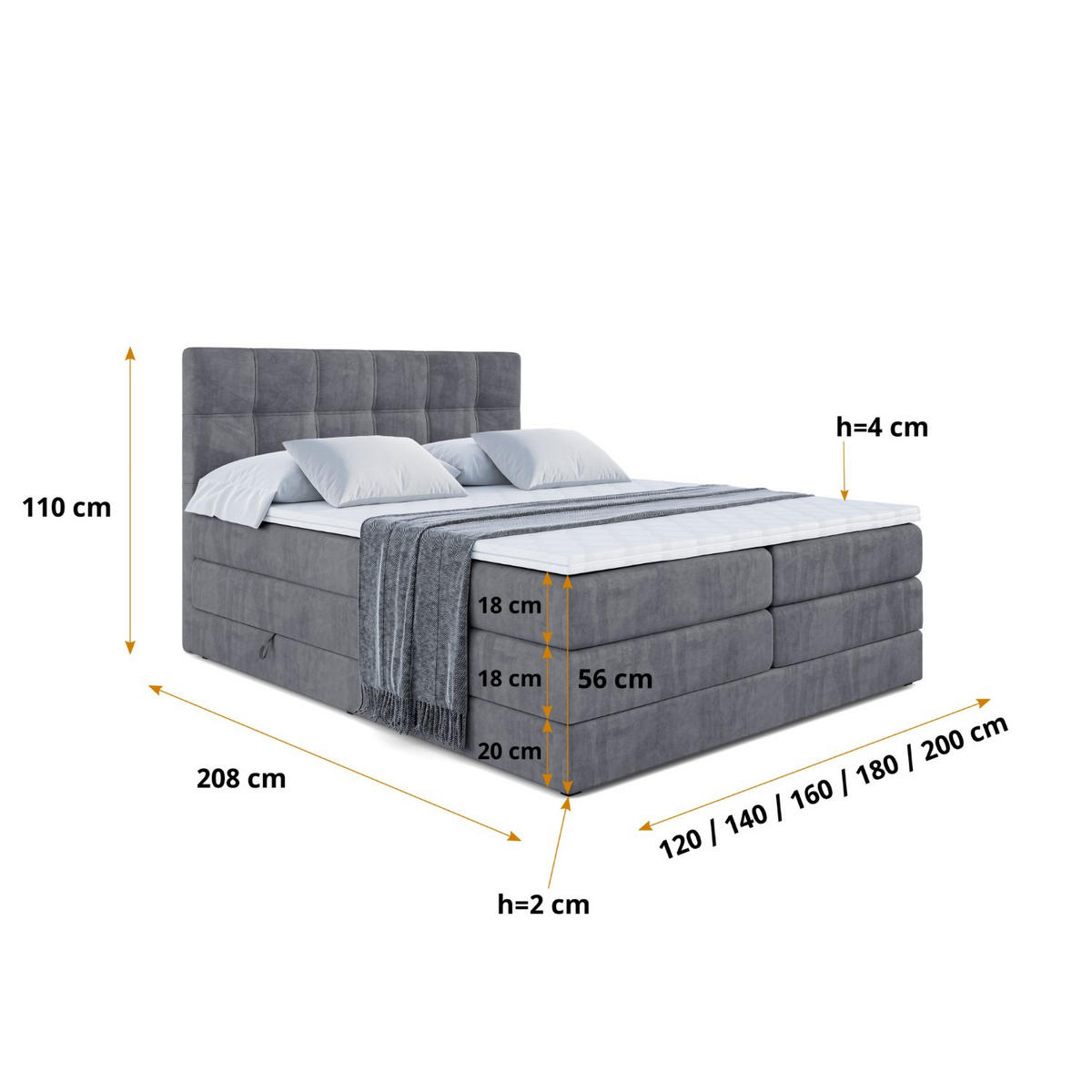 BOXSPRINGBETT MARCE KING - 160x200 - H3/H4 - Dunkelgrau - Dunkelgrau, Holzwerkstoff (160/200cm) - ALTDECOR