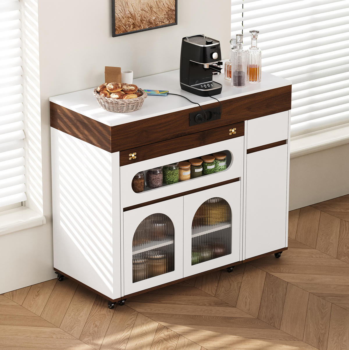 KÜCHENINSEL aus MDF 50.5-187.5x110.5x95.5 cm Weiß/Walnuss mit Ausziehtisch & Steckdosen - Weiß/Braun, Holzwerkstoff (187.5/95.5/110.5cm) - Modfu