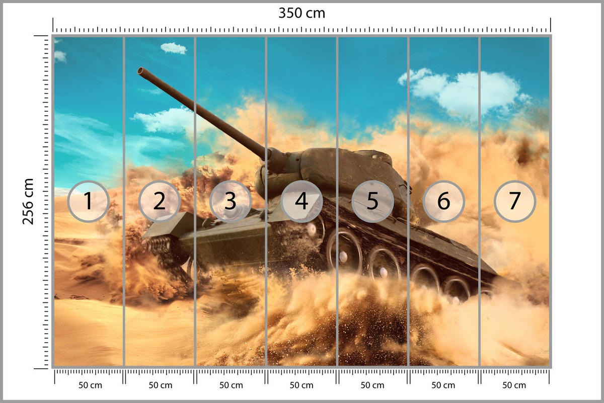 FOTOTAPETE für Jugendzimmer Kampfs Panzer Wüste Sand Dynamik 350x256 - Blau/Beige, Papier (350/256cm) - Muralo