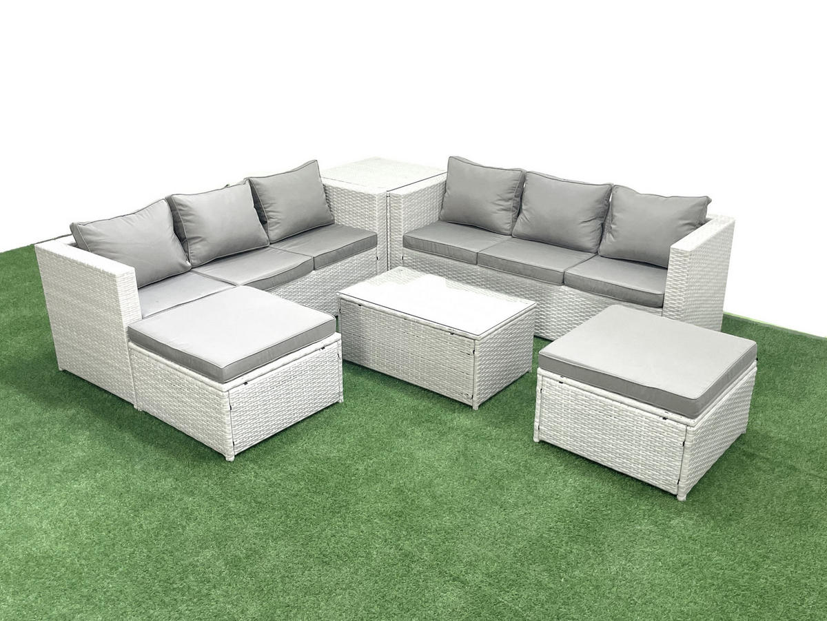 GARTENGARNITUR mit 3-SITZER SOFA,COUCHTISCH Polyrattan Hellgrau-Mix 8-Sitzer - Hellgrau/Grau, Glas/Kunststoff - Fimous
