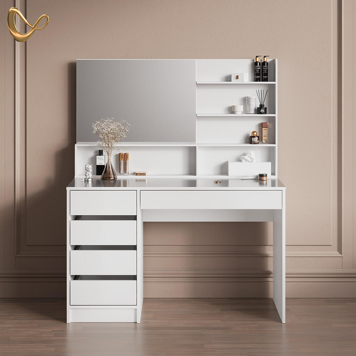 SCHMINKTISCH Imola Weiß 145 cm mit Spiegel - Weiß, Holzwerkstoff (145/75/55cm) - Livinity®