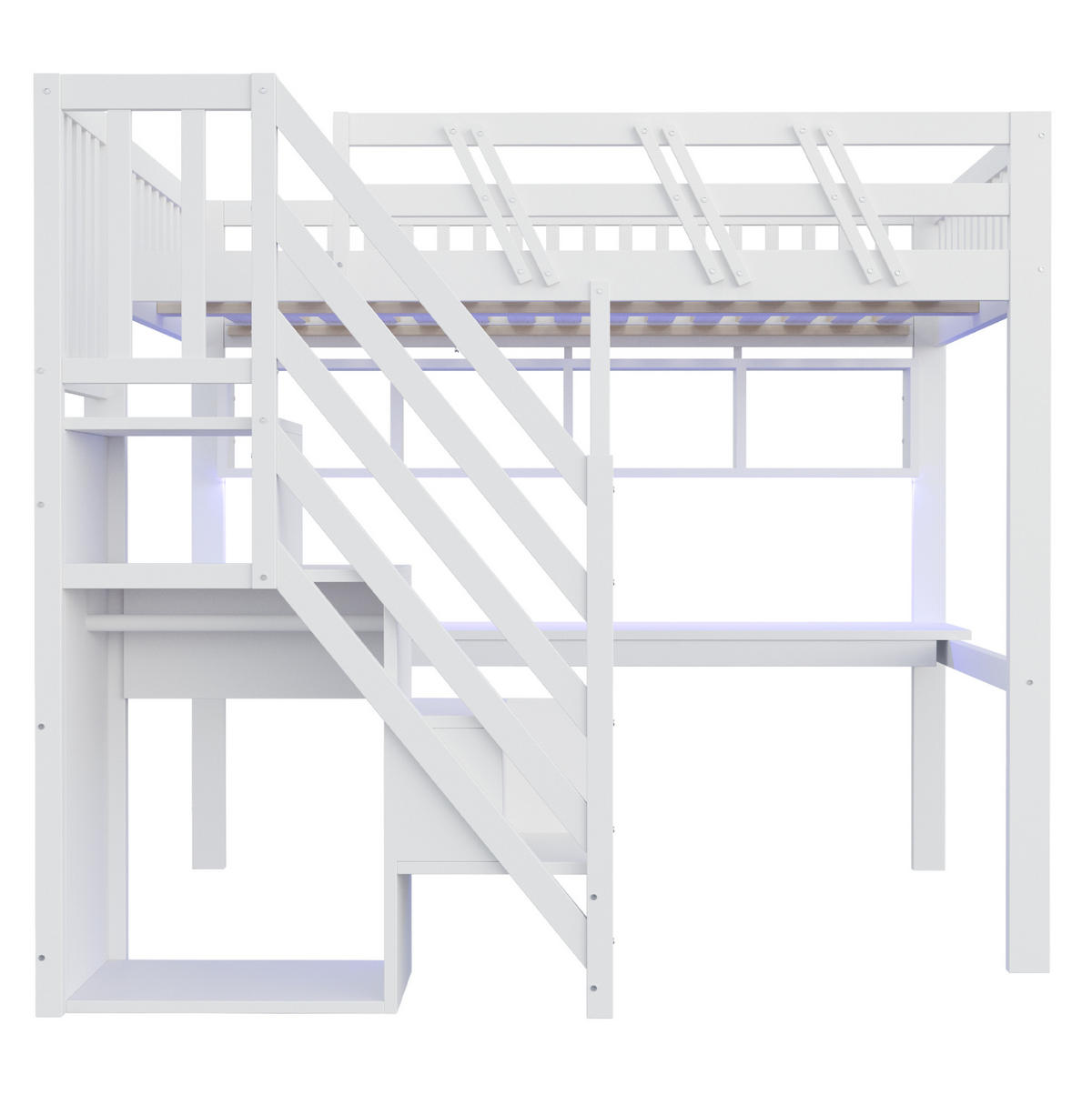 HOCHBETT 140/200 cm mit Schreibtisch, LED, Steckdosen und Stauraumtreppe, Weiß - Weiß, Holzwerkstoff (140/200cm) - Redom