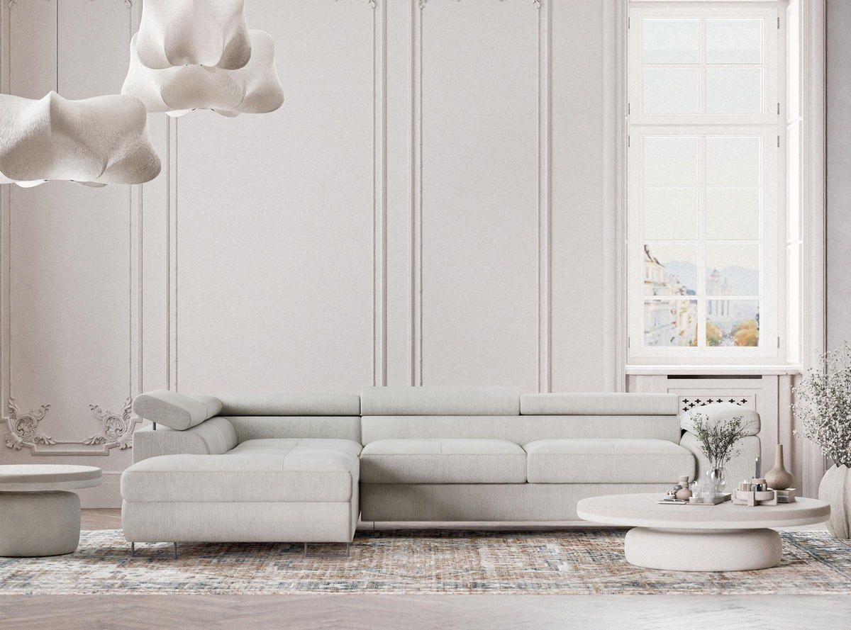 ECKSOFA Concord Creme Chenille-Stoff - Links Seite - Creme/Schwarz, Holz/Holzwerkstoff (203/277cm) - Maison de Reve