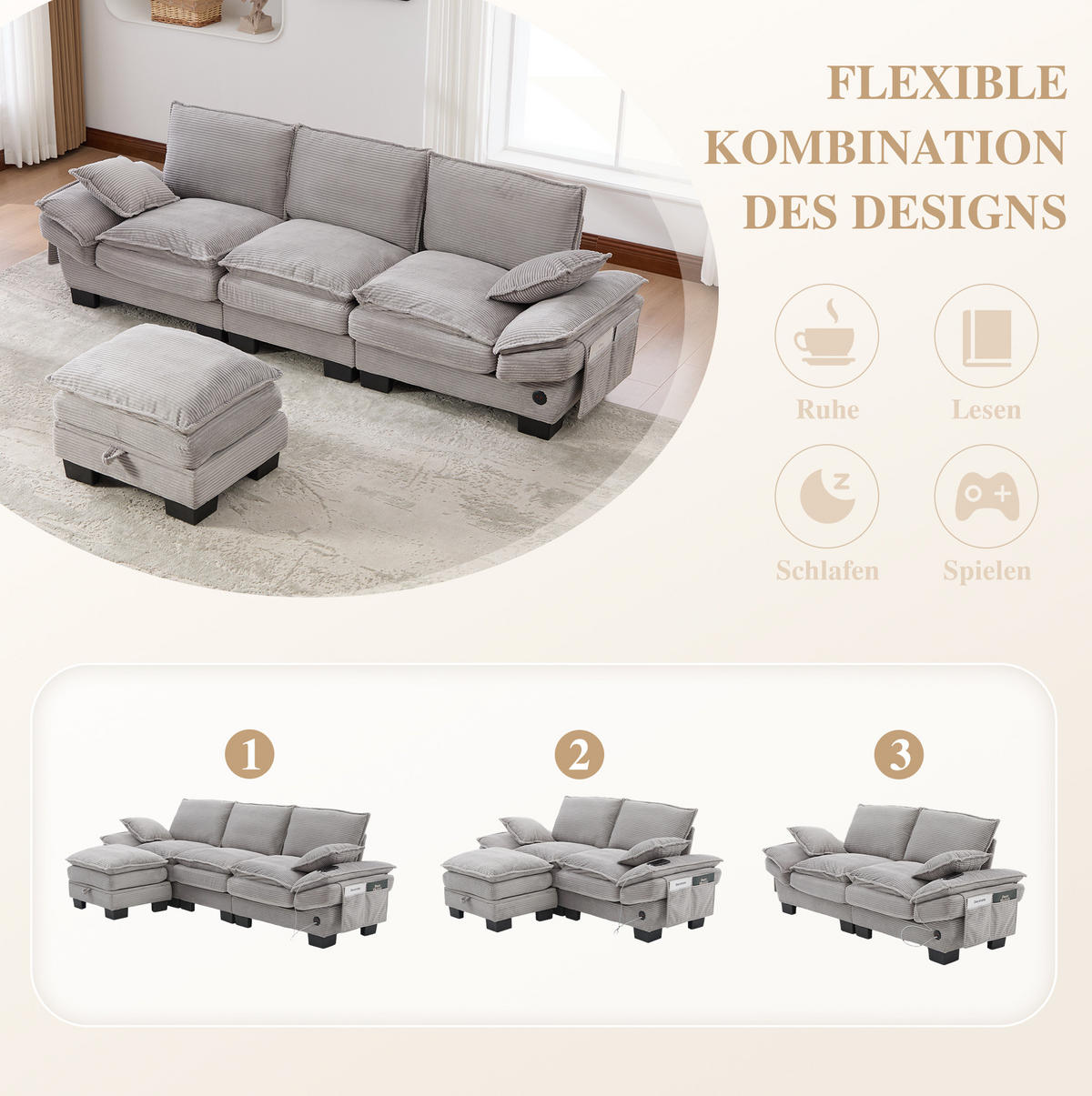 ECKSOFA 260/132/84 cm hellgrau aus Cord mit Hocker und USB-C - Hellgrau, Textil (132/260cm) - OKWISH