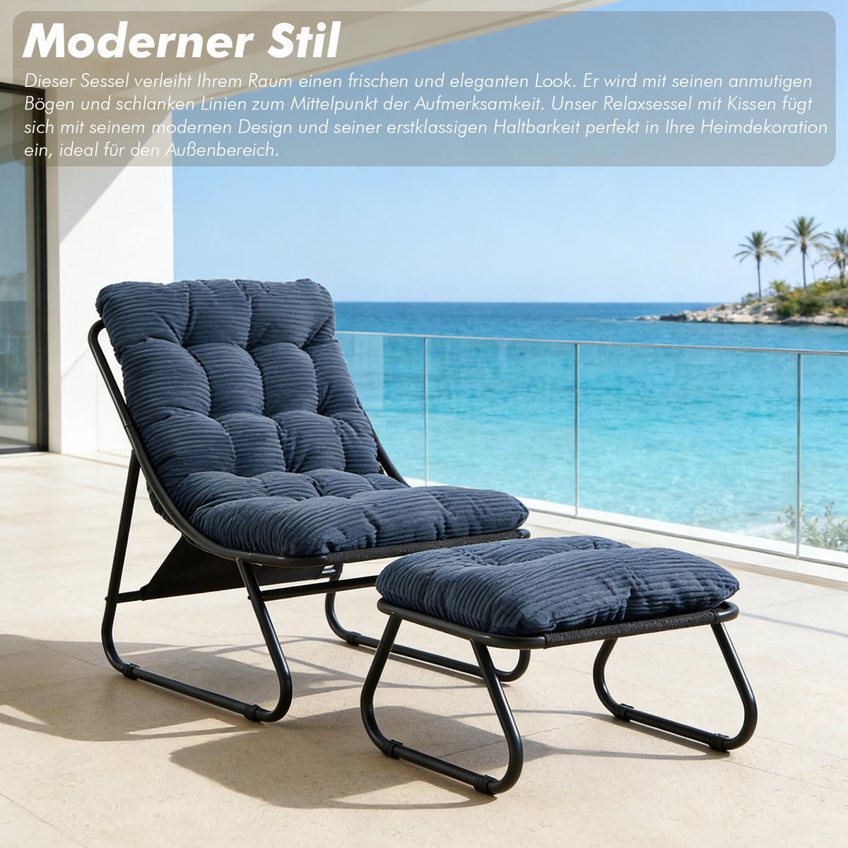 SESSELSET, Relaxsessel mit Hocker,Stahlrahmen,Cord,Blau - Blau, Metall (78/86/65cm) - LVHOM