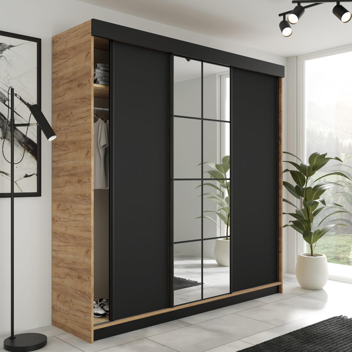 SCHIEBETÜRENSCHRANK LAMARO - 200x205x59cm - Eiche Gold Craft & Schwarz - Honigeiche/Schwarz, Holzwerkstoff (200/205/59cm) - Kier Furniture