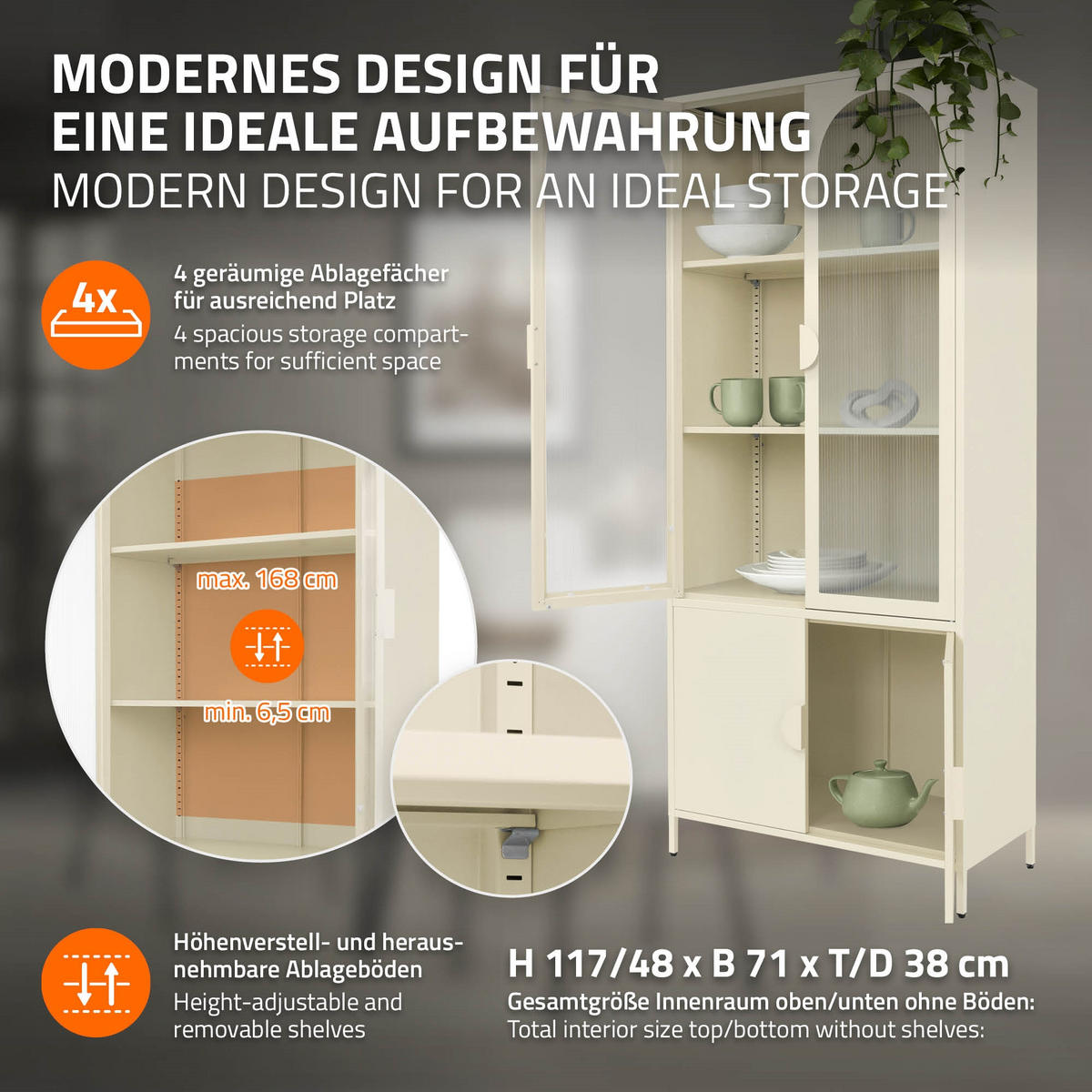 VITRINENSCHRANK 80x185x40 cm Creme aus Stahl mit 4 Türen - Beige, Metall (80/185/40cm) - ML-DESIGN