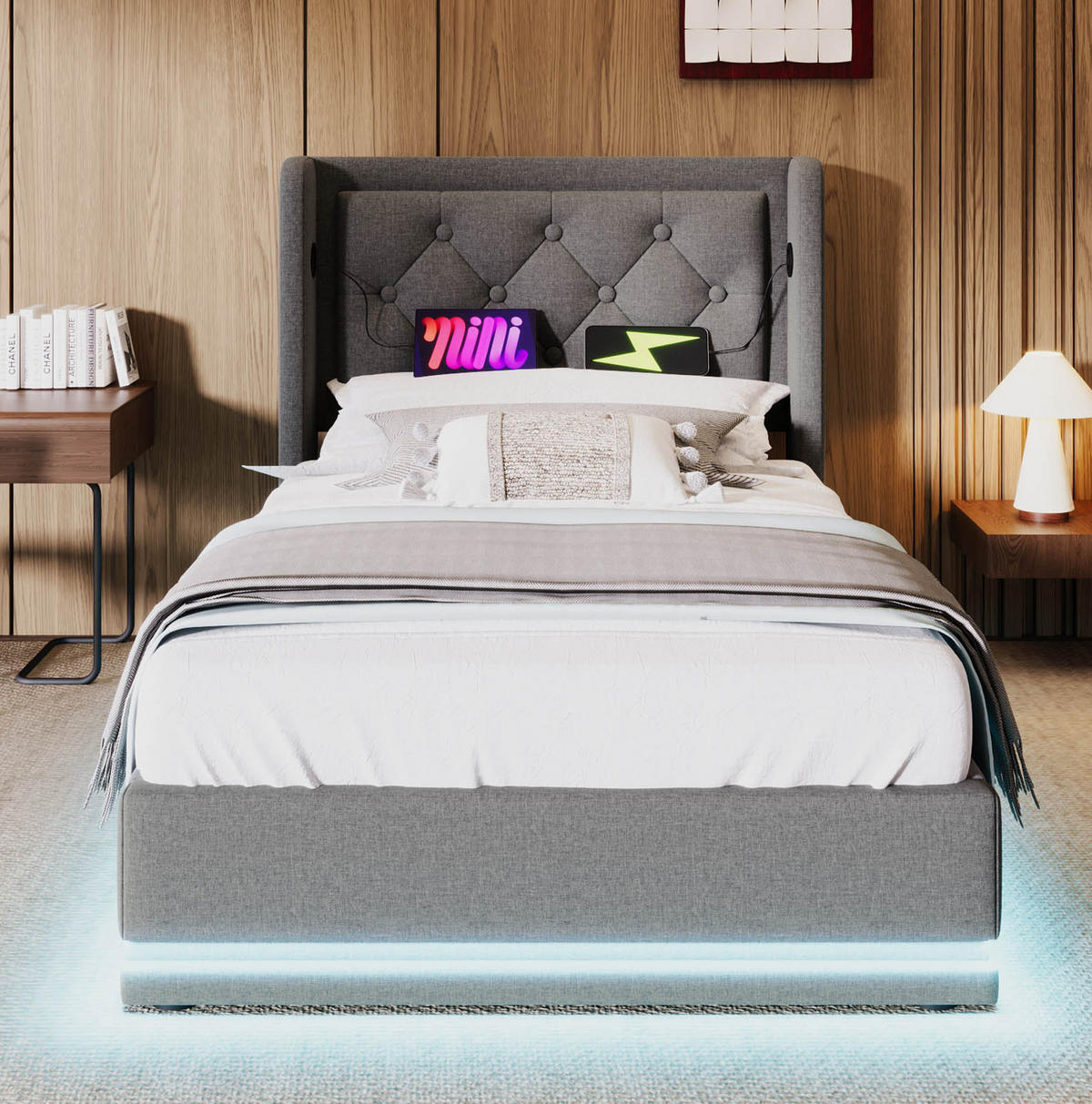 BETT mit Stauraum 90x200 cm Baumwolle Grau mit USB und LED - Grau, Metall (90/200cm) - Meubliv