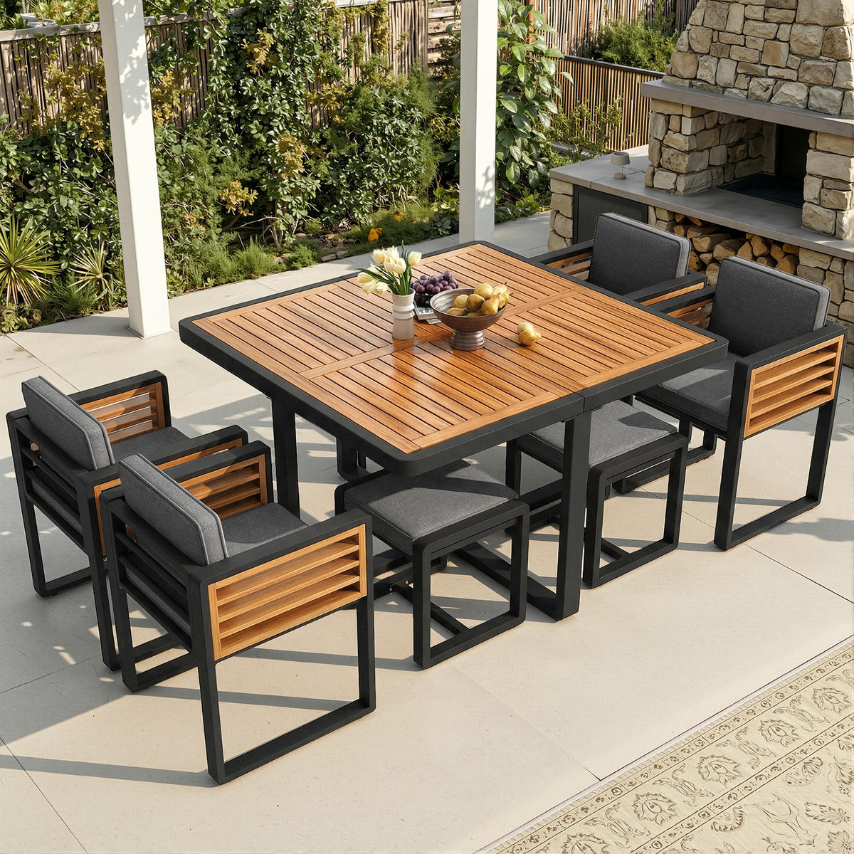 GARTENMÖBEL-SET Modernes 7-tlg. Natur/Beige - Grau, Holz - ComfortXL