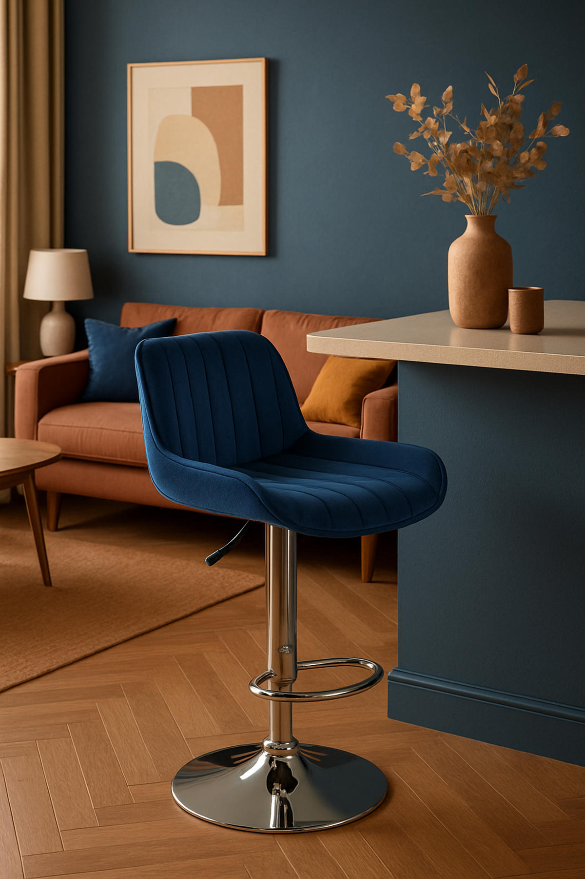 BARHOCKER Lento Gestell Metall in Chromoptik Samt Blau - Blau/Chromfarben, Textil/Metall (50/108/50cm) - TPFLiving