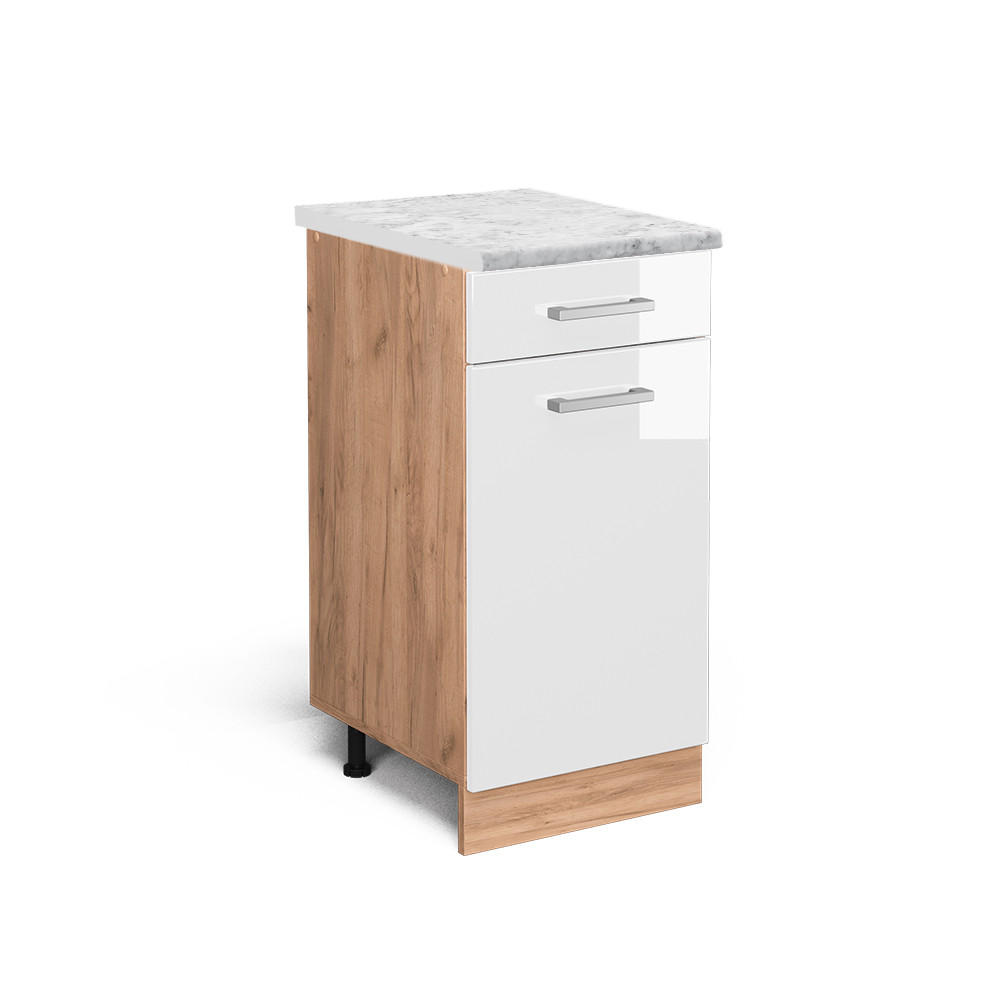 KÜCHENUNTERSCHRANK R-Line Weiß Hochglanz 40 cm AP Marmor - Honigeiche/Weiß Hochglanz, Holzwerkstoff (40/81.6/60cm) - Vicco