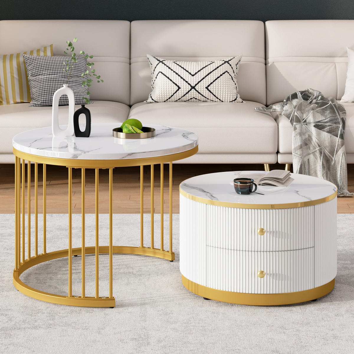 COUCHTISCH aus MDF 60x60x45,5/50x50x32 cm in Weiß mit 2 Schubladen - Weiß, Holzwerkstoff (60/60/45.5cm) - Modfu