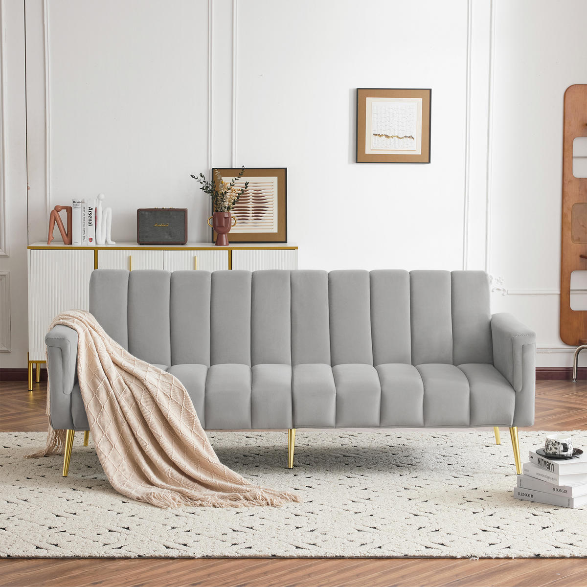 SOFA Schlaffunktion Klappbar Samtstoff Hilfsfüße Modern Gästezimmer - Grau, Holz (83.82/24.77/43.69cm) - FLIEKS