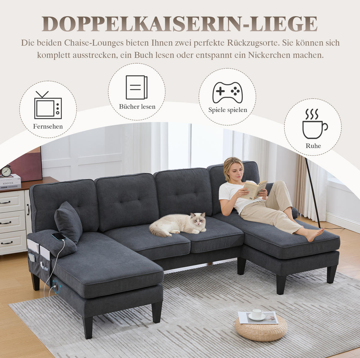 WOHNLANDSCHAFT aus Leinenstoff 250x130x88 cm in Dunkelgrau mit USB/Type-C - Dunkelgrau, Textil (130/88/250cm) - Modfu