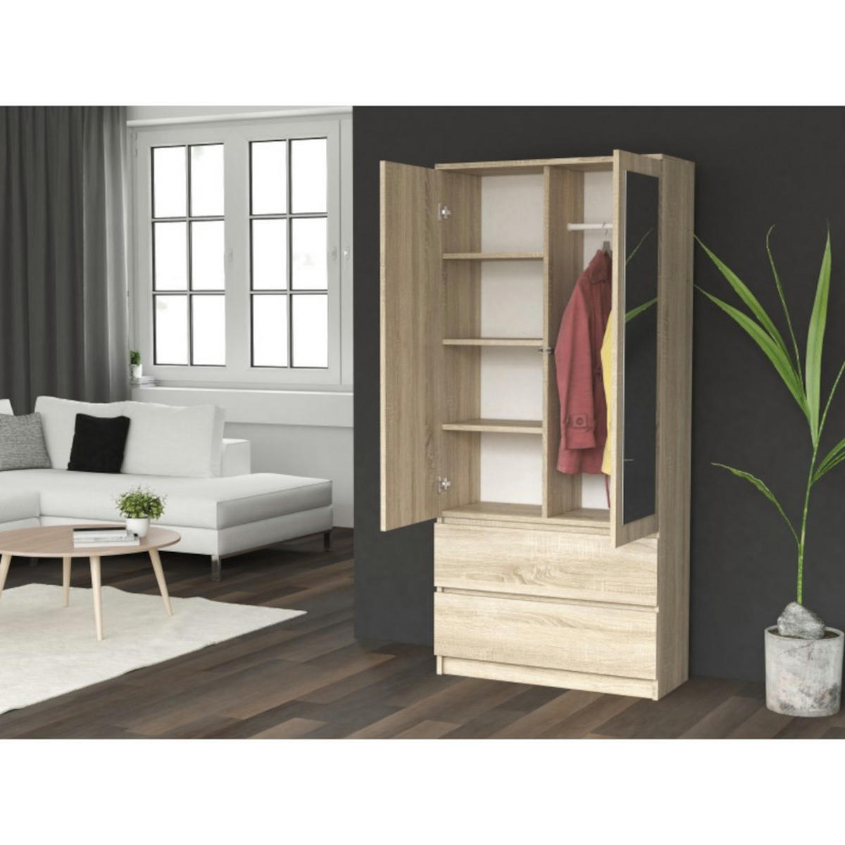 KLEIDERSCHRANK MIT 2 SPIEGELN Laminierte Spanplatte Weiß 180cm x 90cm - Sonoma Eiche, Holzwerkstoff (90/30/180cm) - Ibonto
