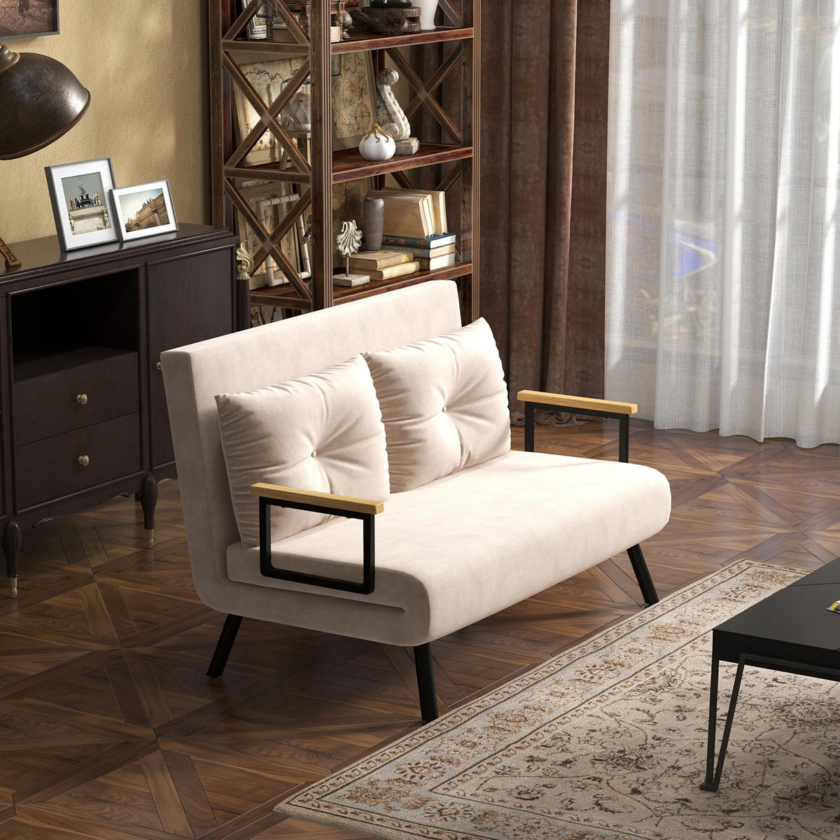 SCHLAFSOFA, Zweisitzer mit Bettfunktion, Schlafcouch mit Samtoptik, Rückenkissen - Beige/Schwarz, Holz/Textil (73/81/102cm) - HOMCOM