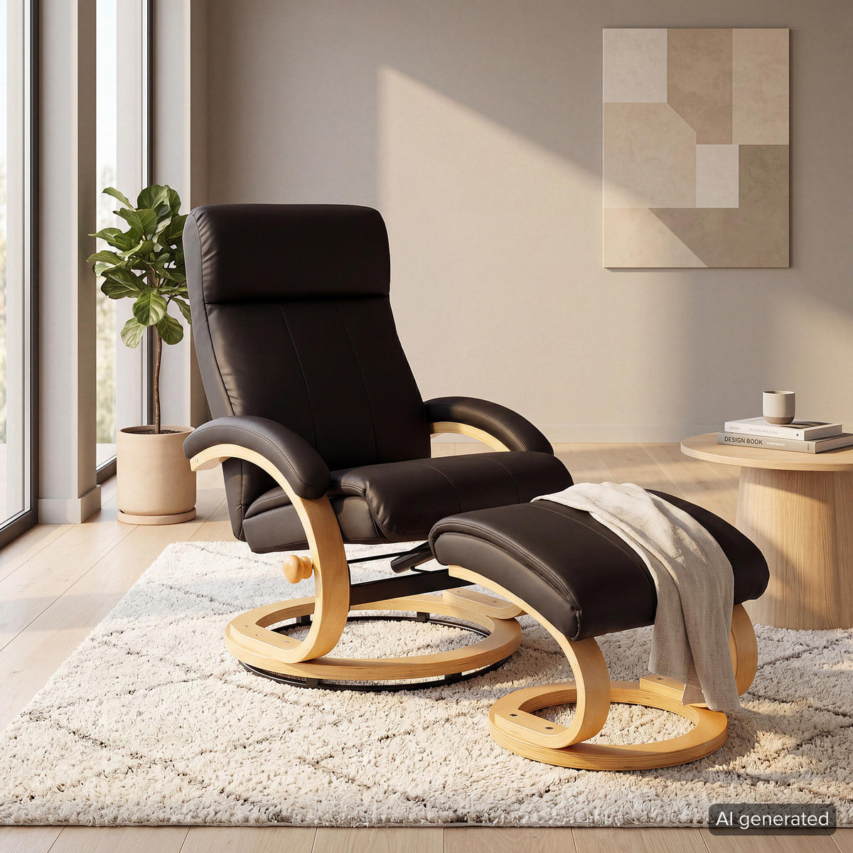 RELAXSESSEL mit Hocker - Beige/Dunkelbraun, Holz/Kunststoff (69/96/82cm) - home24