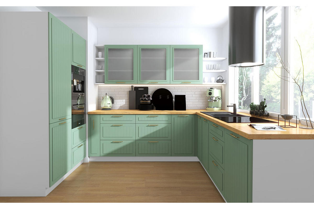 WINKELKÜCHE Livorno blassgrün matt / weiß matt 13-teilig mit Vollauszug (HETTICH InnoTech Atira) - Weiß/Grün, Holzwerkstoff/Metall (240/207/266cm) - Feldmann-Wohnen