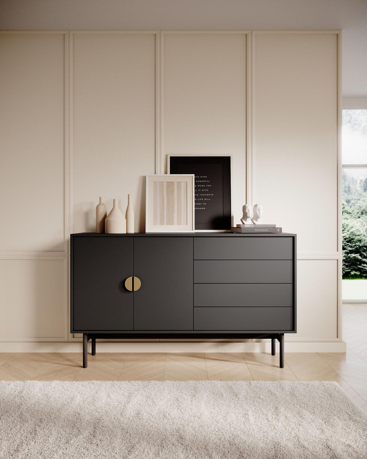 SIDEBOARD Stoon Schwarz 154 cm - Goldfarben/Schwarz, Holzwerkstoff/Metall (154/94/38cm) - Selsey