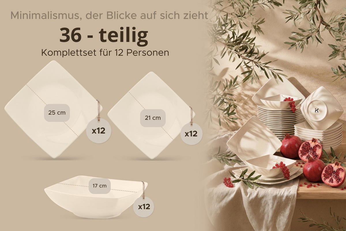 TAFELSERVICE EPIRI 12 Personen 36-tlg - Beige, Keramik (25/2/25cm) - KONSIMO®