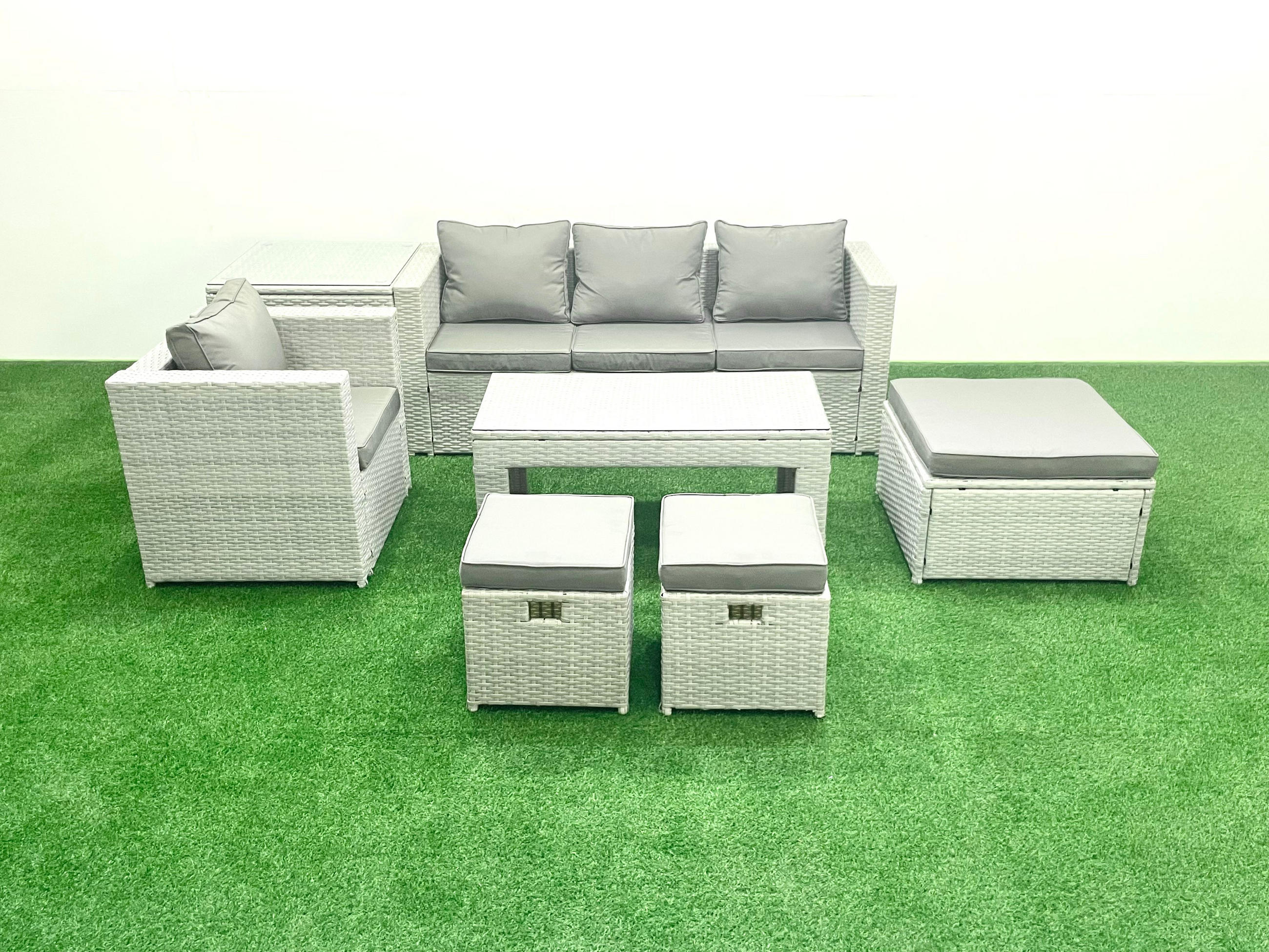 BALKONMÖBEL-SET Polyrattan Hellgrau-Mix 7-teilig - Hellgrau/Grau, Glas/Kunststoff - Fimous