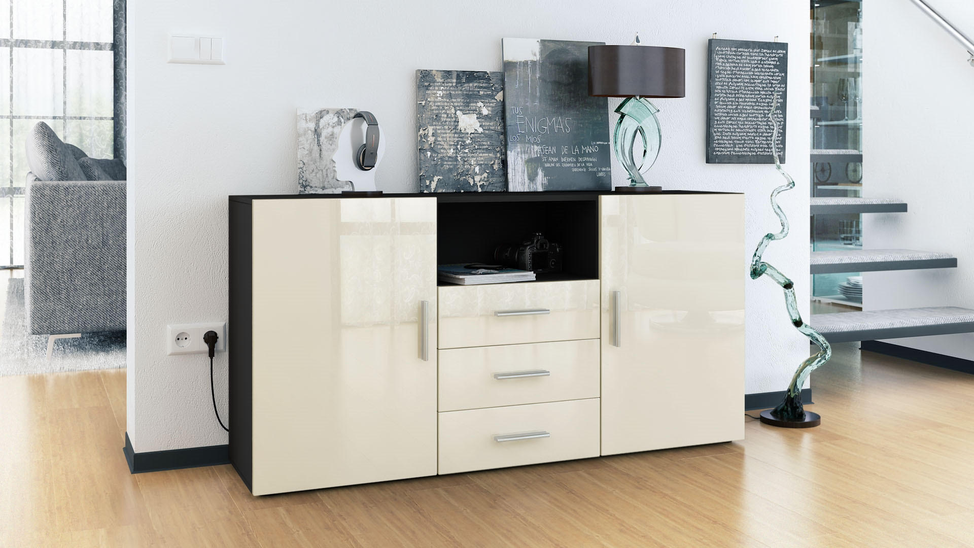 SIDEBOARD Skadu Front in Creme Hochglanz - Creme, Holzwerkstoff (138.5/71.5/35cm) - Vladon
