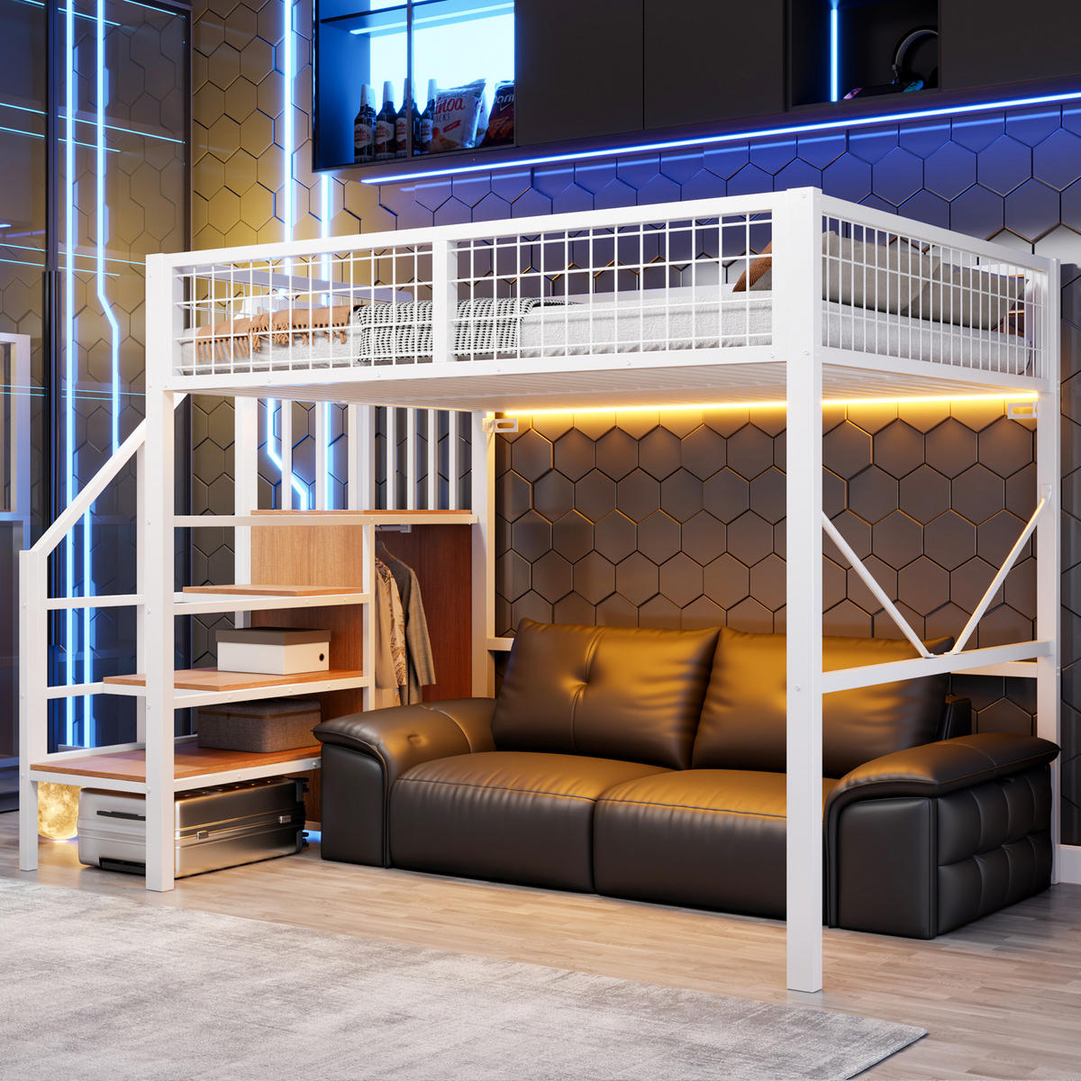HOCHBETT 140/200 cm mit Stauraumleiter und LED, DE-41606, in Weiß - Weiß, Metall (140/200cm) - ComfortXL
