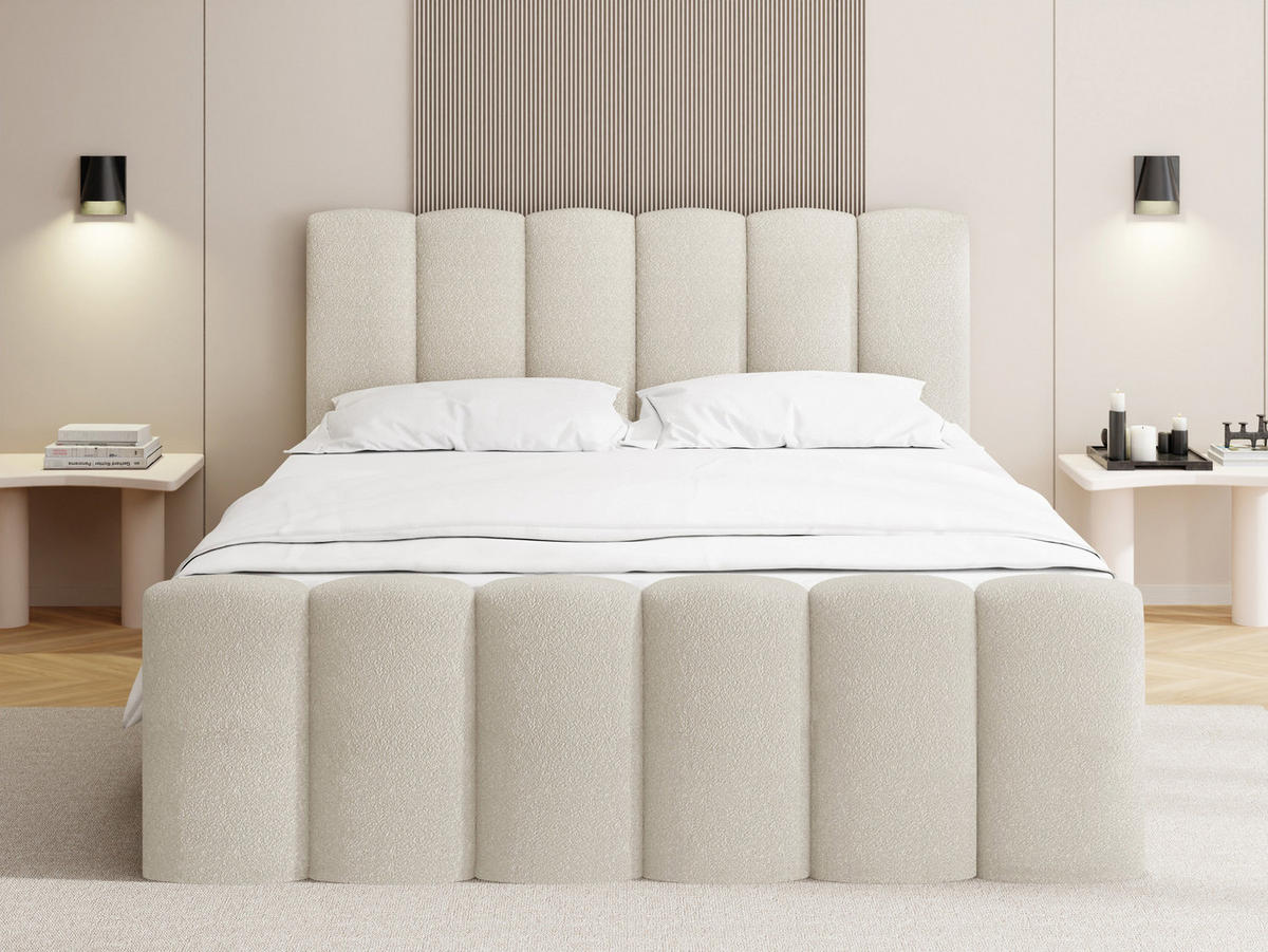 BOXBETT Serenity mit Bettkasten, Boucle Creme 180x200 cm – inkl. H4 Taschenfederkern Matratze & Foam Topper - Creme/Schwarz, Holz/Holzwerkstoff (180/200cm) - WFL GROUP