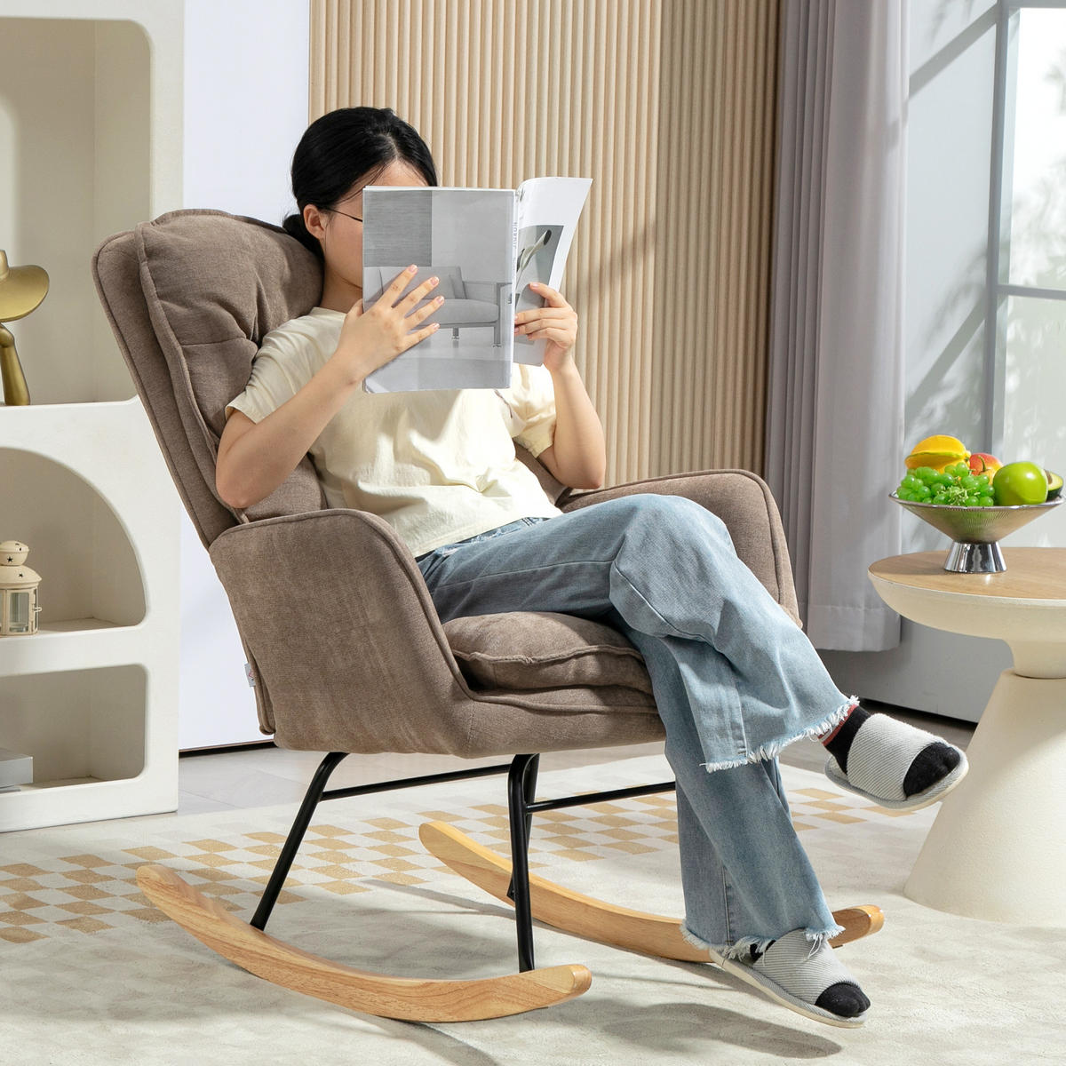 SCHAUKELSTUHL Schwingsessel Armlehnsessel mit Chenilleoptik für Schlafzimmer - Braun/Naturfarben, Holz/Textil (98.5/97/71cm) - HOMCOM